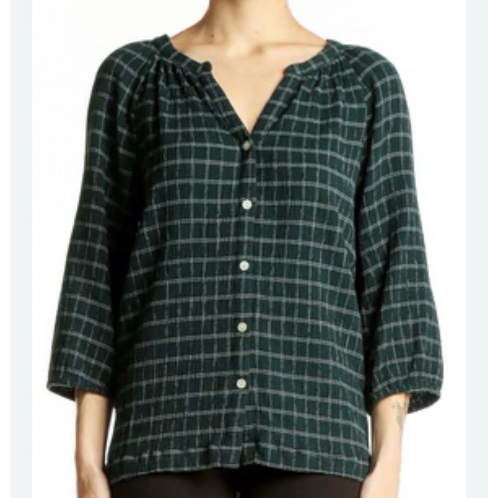 J. Jill Shirt Women's 2X Green Plaid Button Up V-Neck 3/4 Sleeve Dark Academia